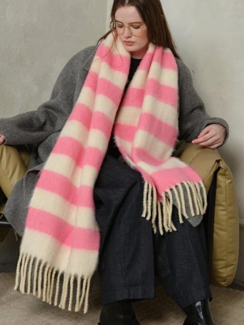 Pink and White Striped Chunky Thick Oversized Scarf with Tassels